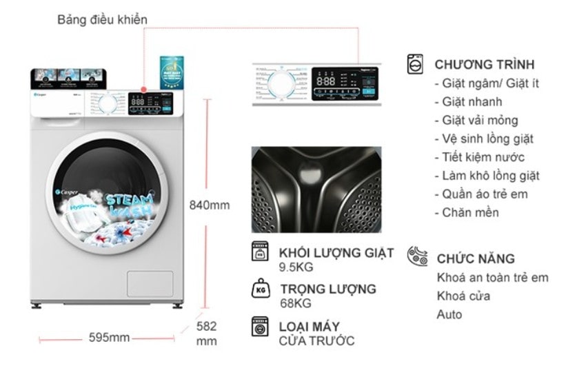 Máy giặt Casper Inverter 9.5 kg WF-95I140BWC