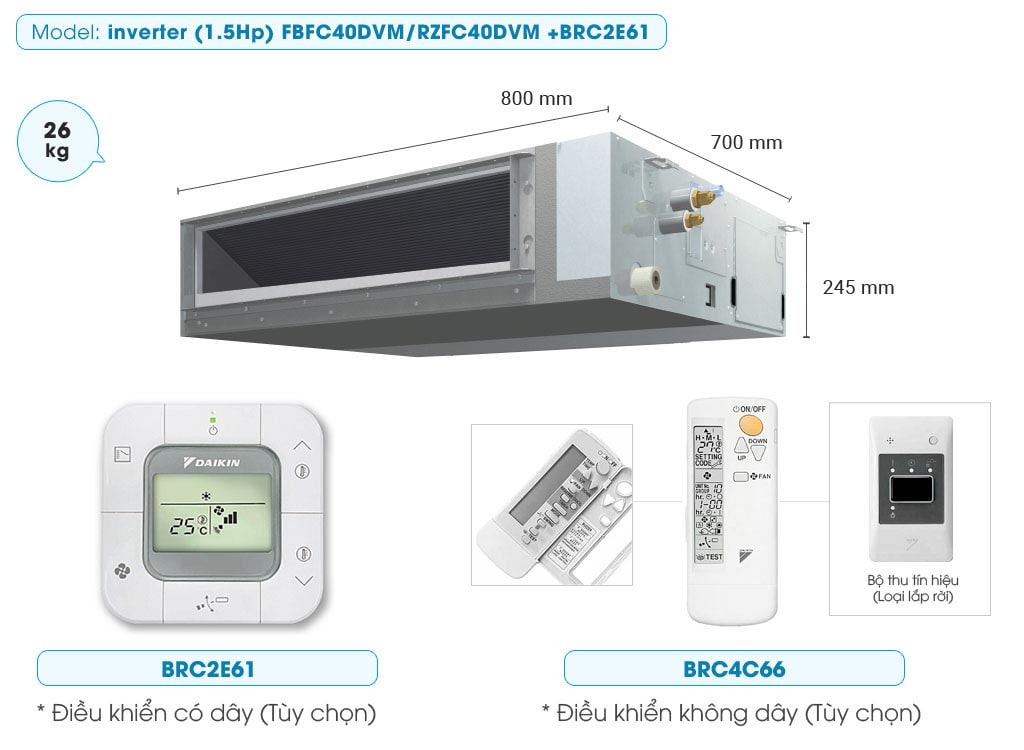 Máy Lạnh Giấu Trần Nối Ống Gió Daikin Inverter 1.5 HP FBFC40DVM - RZFC40DVM +BRC2E61